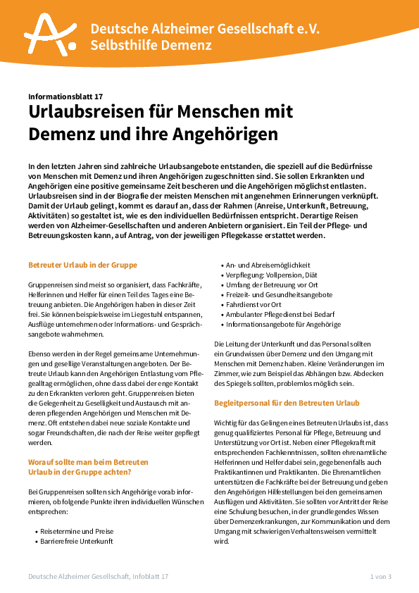 Infoblatt 17: Urlaubsreisen für Menschen mit Demenz und ihre Angehörigen Cover: Infoblatt 17 "Urlaubsreisen für Menschen mit Demenz und ihre Angehörigen"