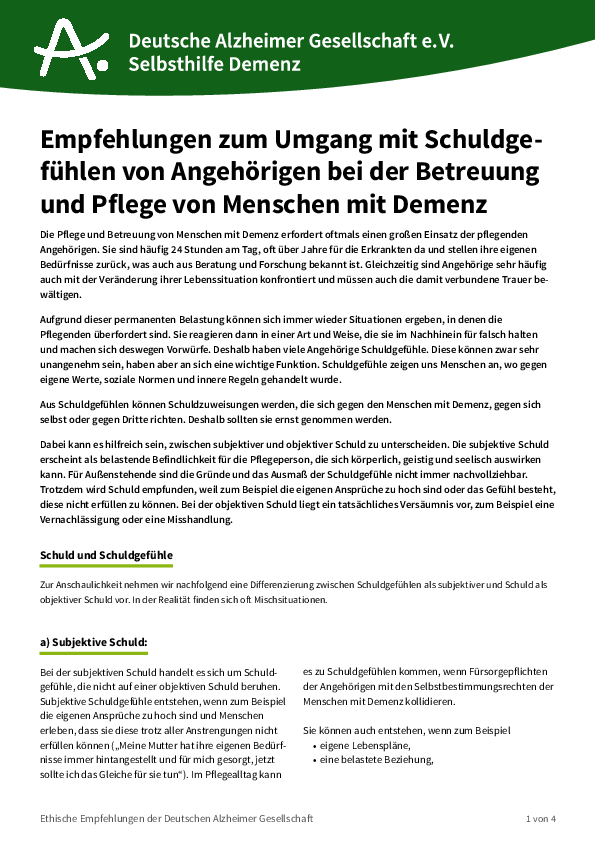 Empfehlungen zum Umgang mit Schuldgefühlen von Angehörigen bei der Betreuung und Pflege von Menschen mit Demenz Cover: Empfehlungen zum Umgang mit Schuldgefühlen von Angehörigen bei der...
