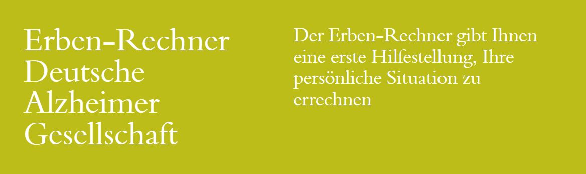 Grüner Kasten mit Aufschrift "Erben-Rechner Deutsche Alzheimer Gesellschaft