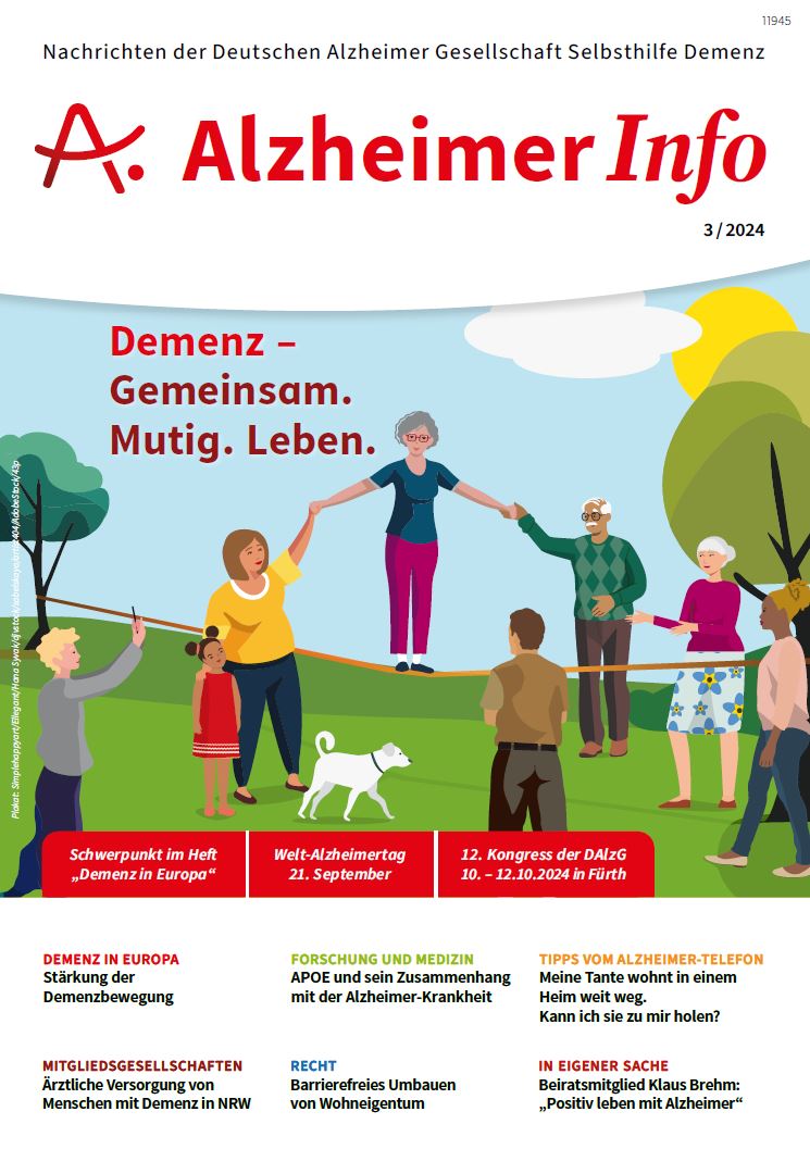 Titelblatt des Alzheimer Info 3/24: eine Gruppe von Menschen steht um eine balancierende Frau herum 