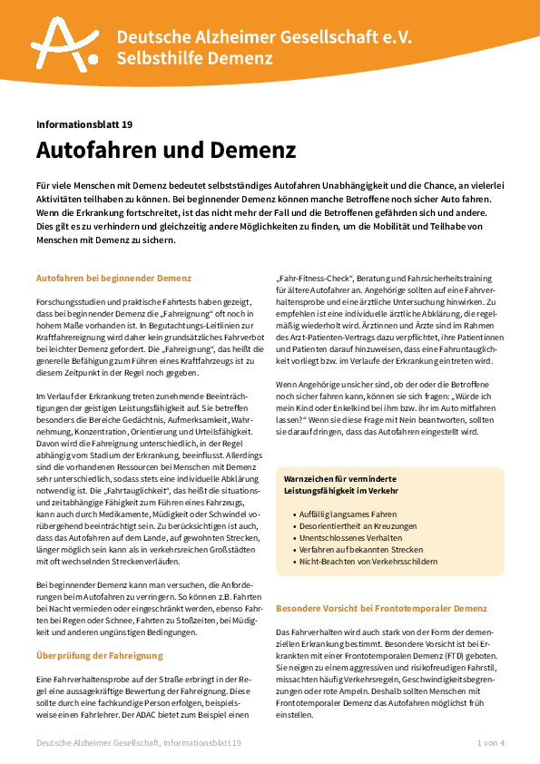 Infoblatt 19 "Autofahren und Demenz"