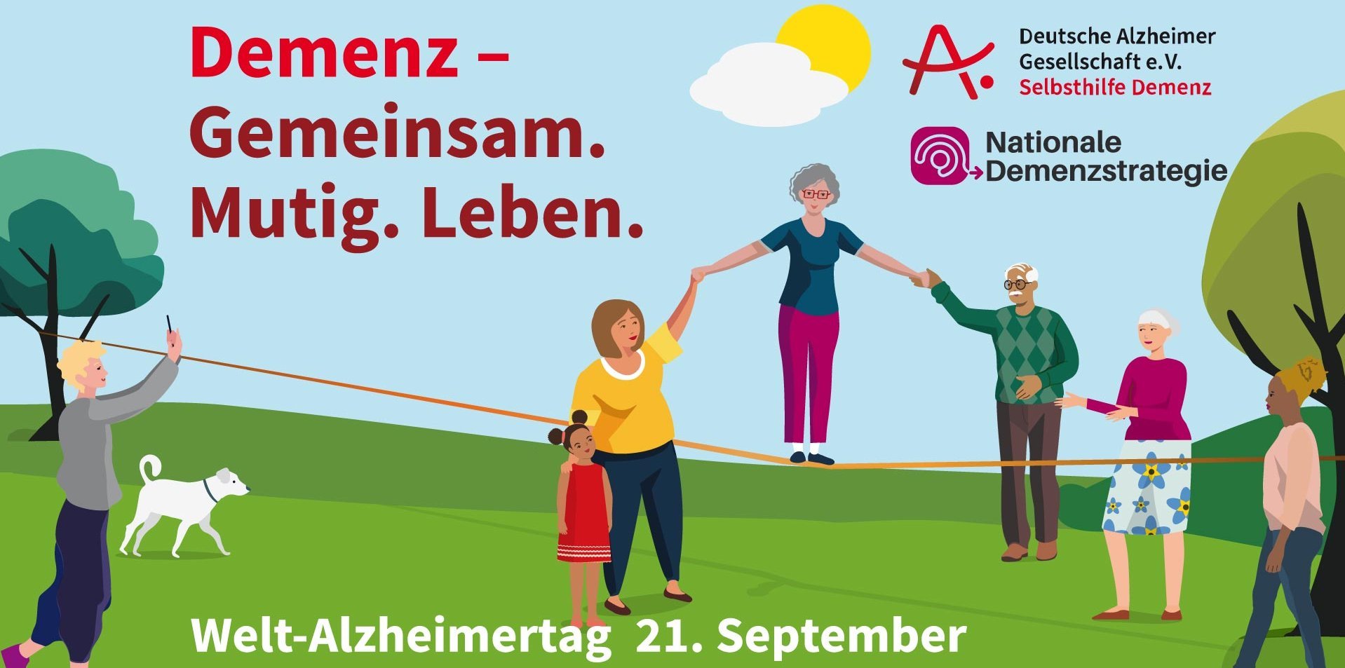 Eine Gruppe Menschen im Freien, eine Frau steht auf der slckline und wird von anderen an den Händen gehalten Eine Gruppe Menschen im Freien, eine Frau steht auf der slckline und wird von anderen an den Händen gehalten