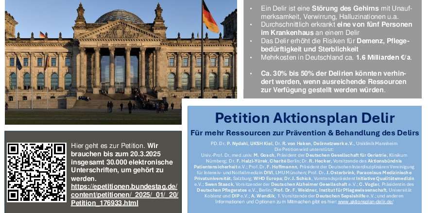 Collage mit vier Bildern, darunter ein QR Code und die Erklärungen zur Petition und ihrer Unterzeichner