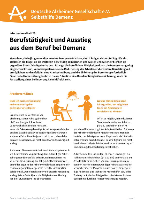 Infoblatt 26 "Berufstätigkeit und Ausstieg aus dem Beruf bei Demenz"